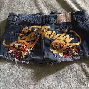 Ed Hardy Women's Dark Blue Jean Shorts with Tiger Graphic